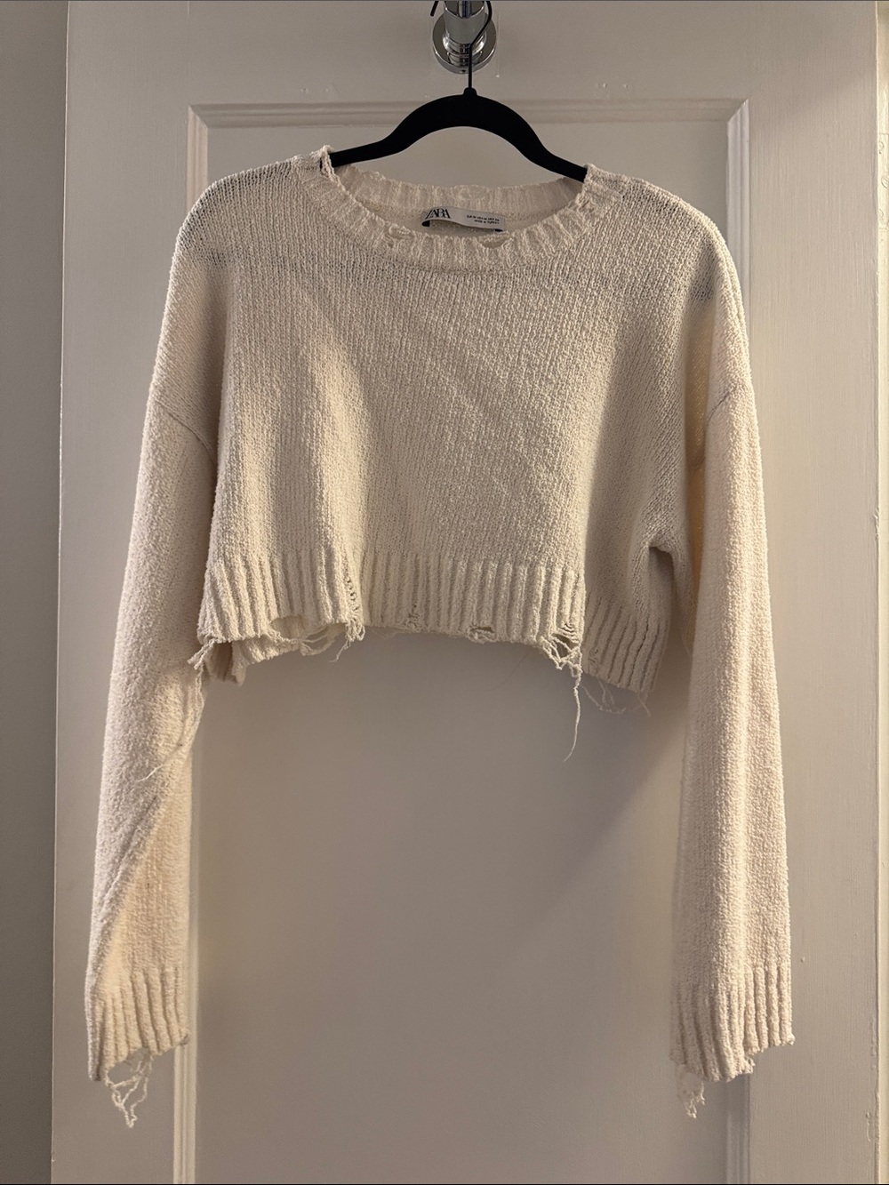 Zara Cream Distressed Cropped Crewneck Sweater